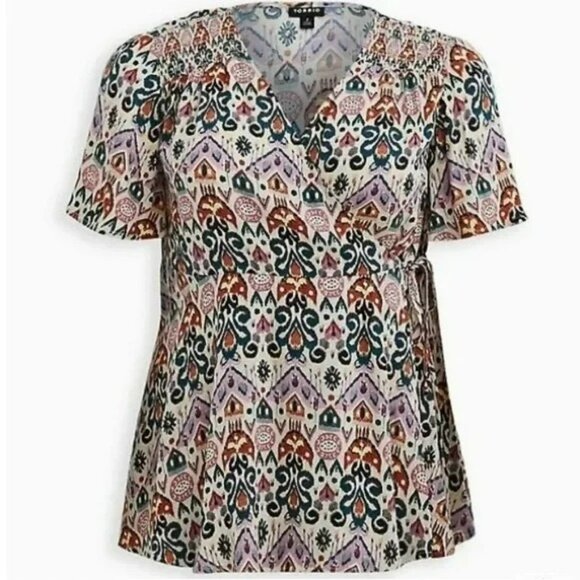 Torrid Womens 4X Tan Purple Printed Short Sleeve Gauze Smocked Surplice Wrap Top - Picture 8 of 11
